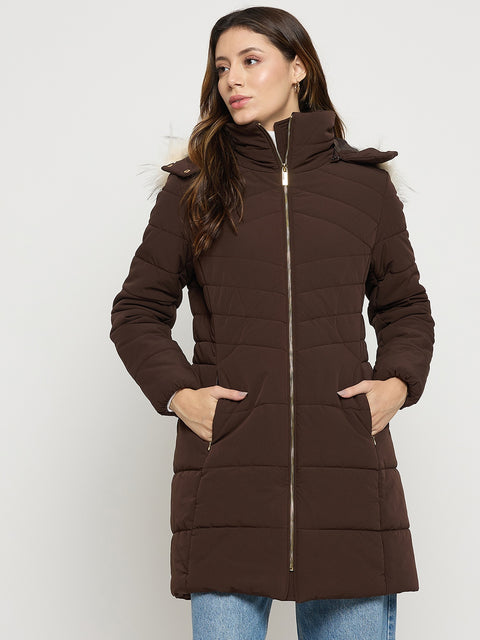 Madame Dark Brown Quilted High Neck Full Sleeve Midi Jacket