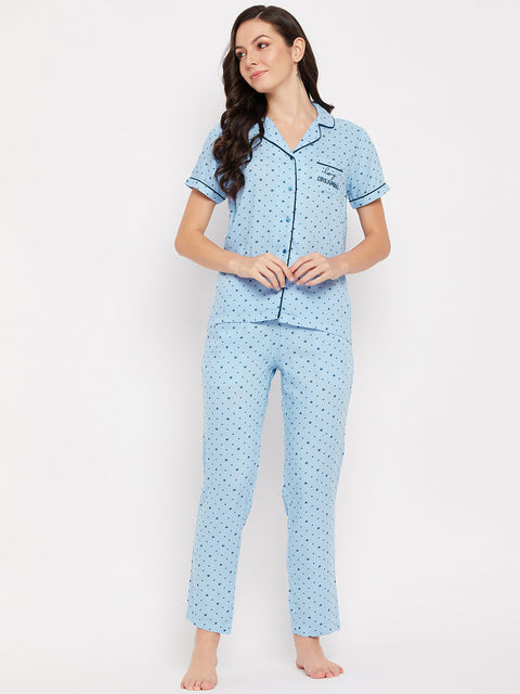 mSECRET Lapel Collar Star Printed Cotton Nightsuit