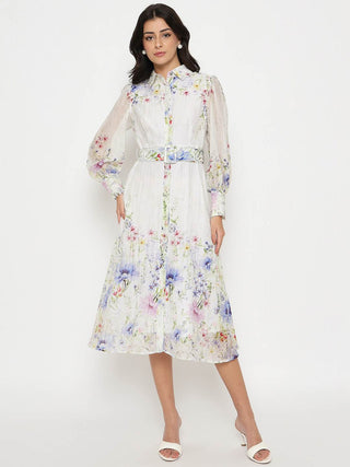 Madame Floral Print Belted White Shirt Dress
