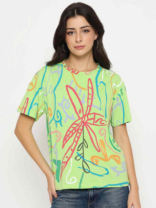 Madame All Over Print Half Sleeve Parrot Green Cotton T-shirt