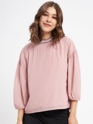 Madame Embellished Neckline Turtle Neck Solid Pink Top