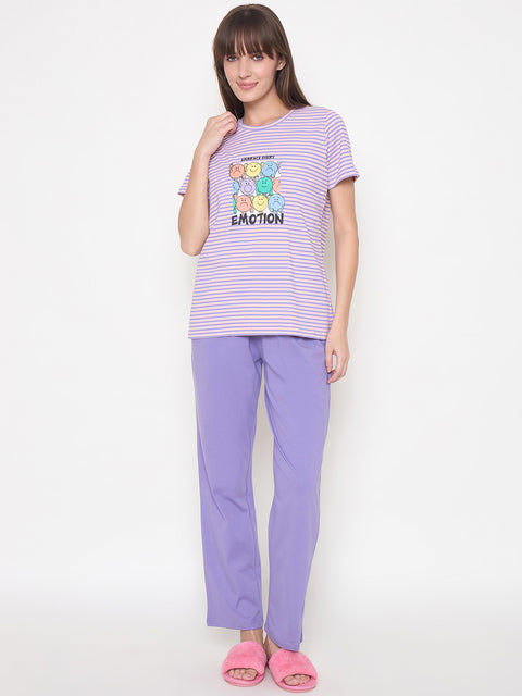 mSECRET Printed Top, Shorts and Bottoms Purple Night Suit