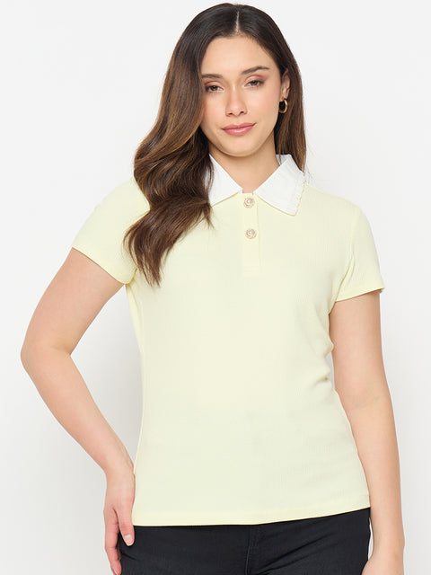 Madame Lemon Yellow Contrast Collar Polo T-shirt