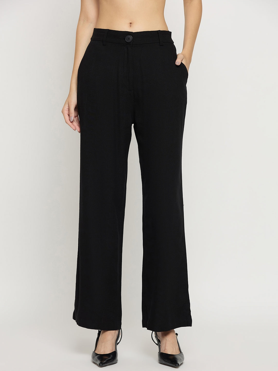 Madame Black Rayon Linen Straight Fit Ankle Trousers color swatch
