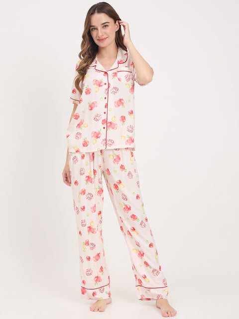 mSECRET Orange Printed Rayon Spread Collar Short Sleeve Night Suit