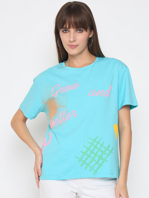 Madame Handwork and Embroidery Detail Aqua Blue T-shirt