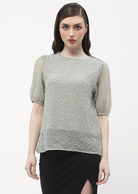 Madame Puff Sleeve Green Crinkled Fabric Top