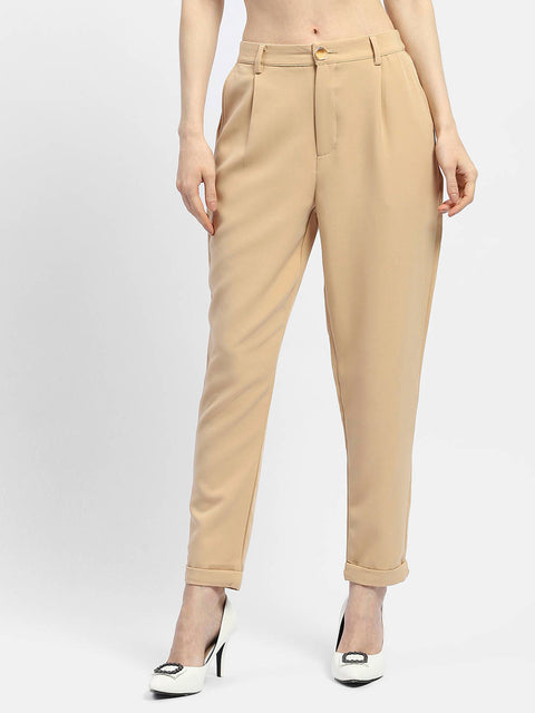 Madame Solid Beige Tapered Trousers