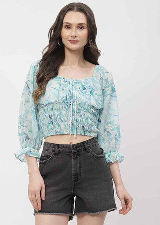 Madame Poet Sleeve Mint Blue Smocked Crop Top