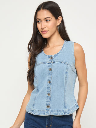 Madame Sleeveless Bright Blue Cotton Blend Bright Blue Top