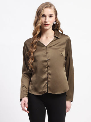 Madame Satin Bell Sleeve Collared Solid Olive Green Top