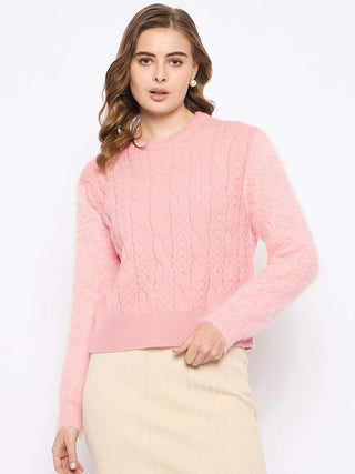 Madame Cable Knit Solid Peach Sweater