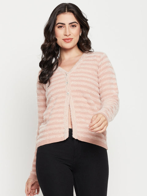 Madame V-Neck Striped Pink Cardigan