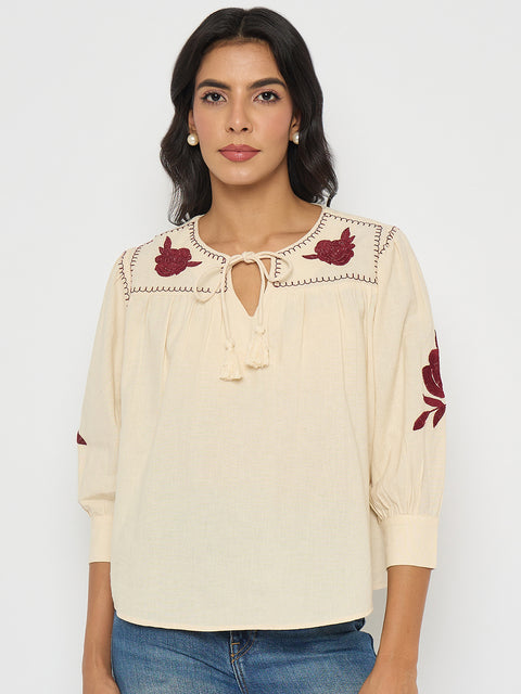 Madame Floral Embroidered Tie Neck Beige Top