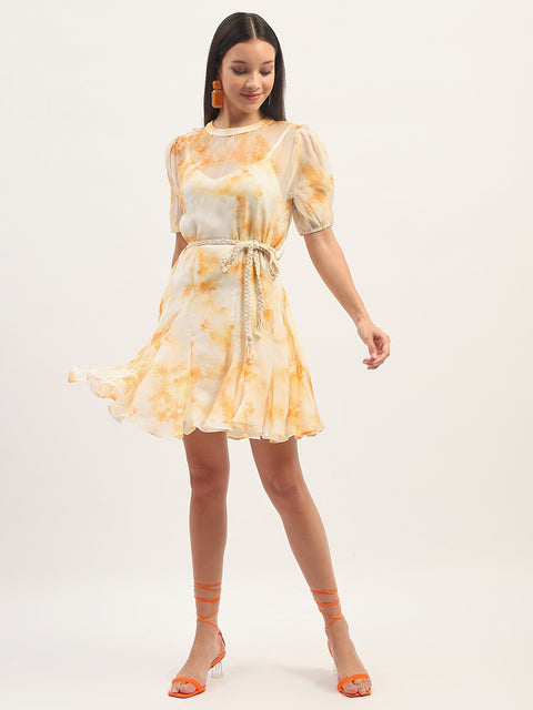 Madame Tie Dye Belted Orange Rayon Blend Mini Dress