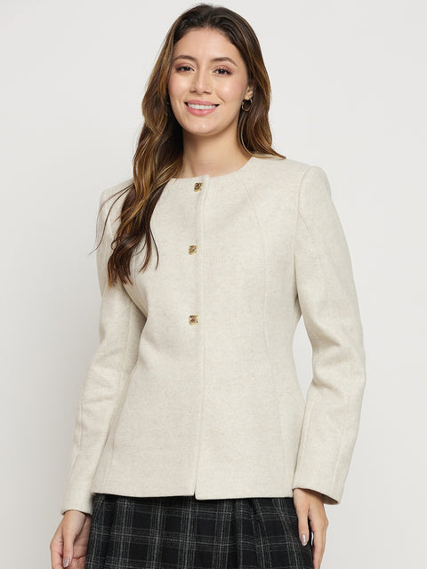 Madame Beige Round Neck Full Sleeve Short Coat