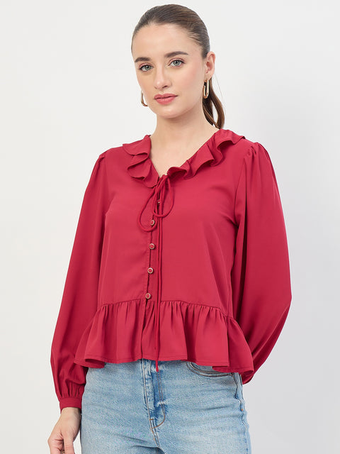 Madame Maroon Frill Sleeve Ruffle Neck Top