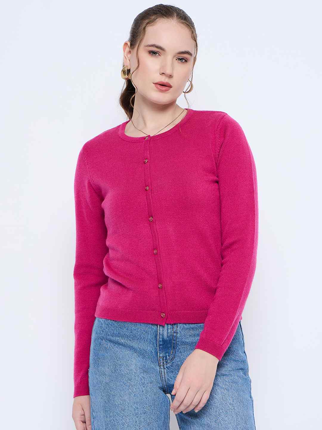 Madame Crew Neck Button Down Fuschia Cardigan color swatch