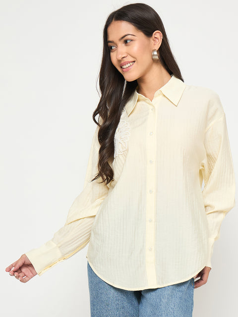 Madame Botanical Embroidery Off White Rayon Blend Shirt