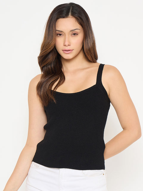 Madame Camisole Neck Black Knit Crop Top