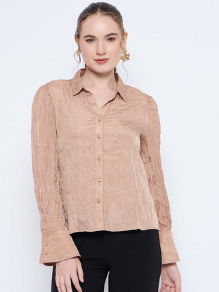 Madame Crushed Tissue Flounce Sleeve Beige Shirt