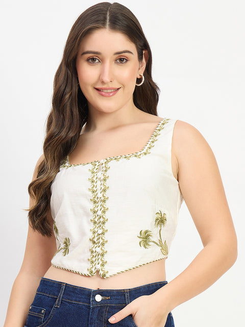 Madame Embroidered Off White Viscose Crop Top