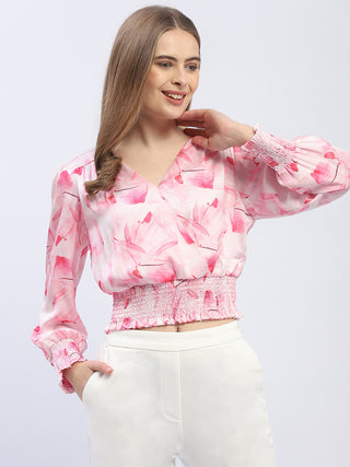 Madame V-Neck Pink Cinched Waist Crop Top