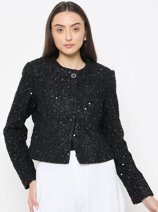 madame Round Neck Tweed Black Blazer