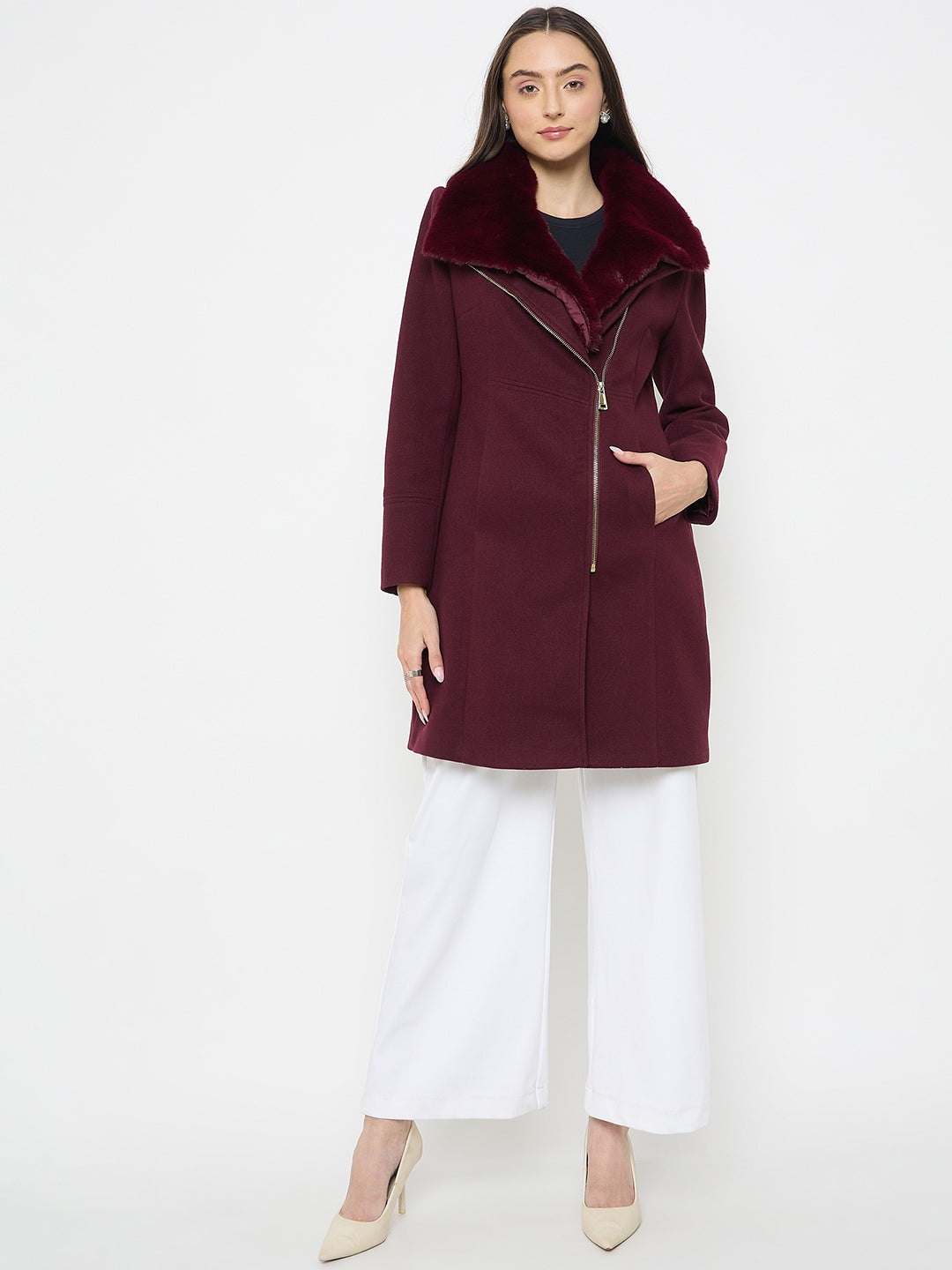 Madame Faux Fur Neckline Maroon Long Coat color swatch