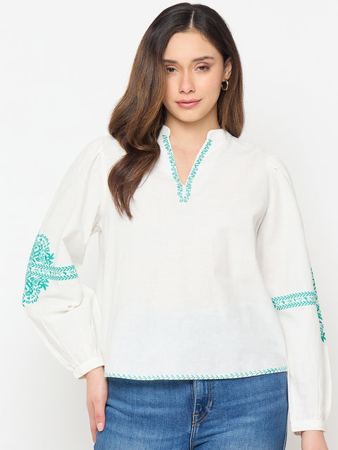 Madame Cotton Blend Balloon Sleeve White Top