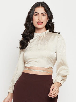 Madame Beige Tie-Up Waist High-Neck Top