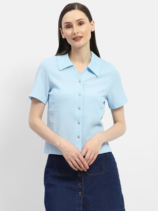 Madame Textured Sky Blue Half Sleeve Shirt