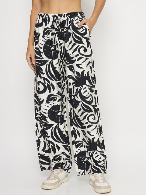 Madame Abstract Print Black Rayon Palazzo Trousers