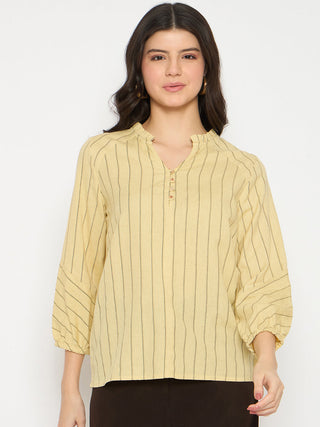 Madame Striped Split Crew Mustard Yellow Top