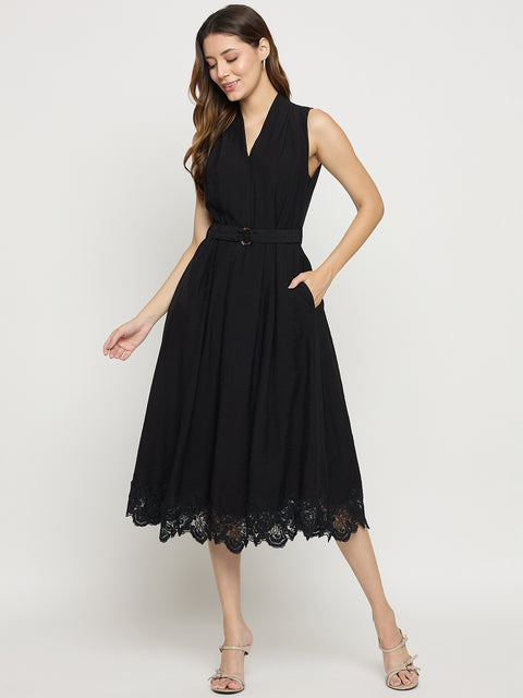 Madame Black Viscose Mandarin Collar Sleeveless Midi Dress
