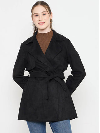 Madame Black Coat with Notched Lapel Collar and Belt