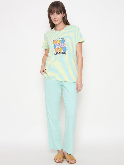 mSECRET Printed Top, Shorts and Bottoms Mint Green Night Suit