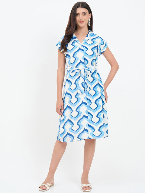 Madame Blue Cotton Printed Shirt Dress