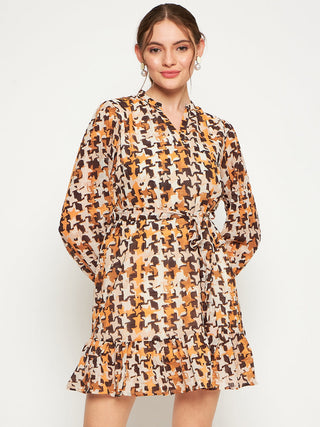 Madame Beige Abstract Print Self-Belted Dress