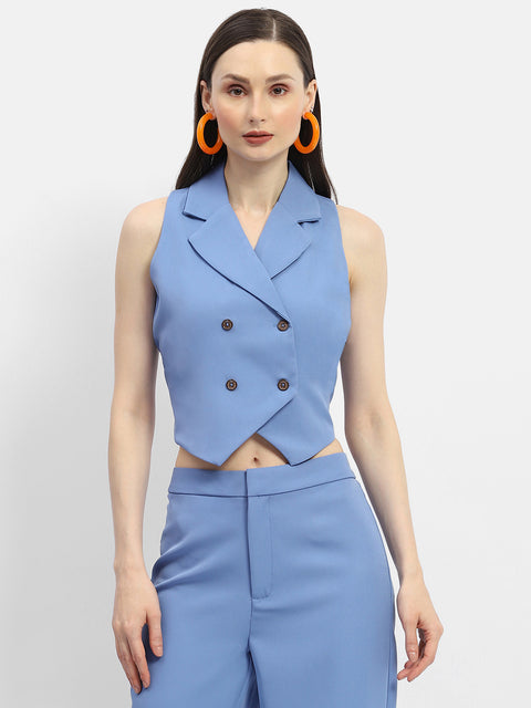 Madame Double-Breasted Sleeveless Blue Blazer