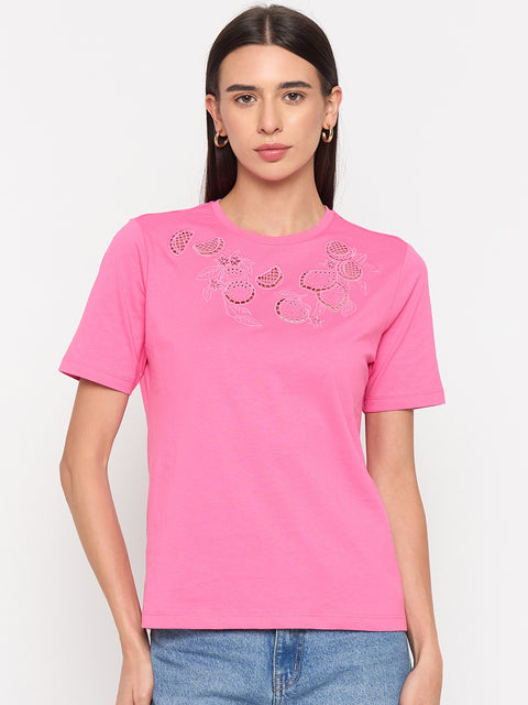 Madame Pink Cotton Half-Sleeve T-Shirt