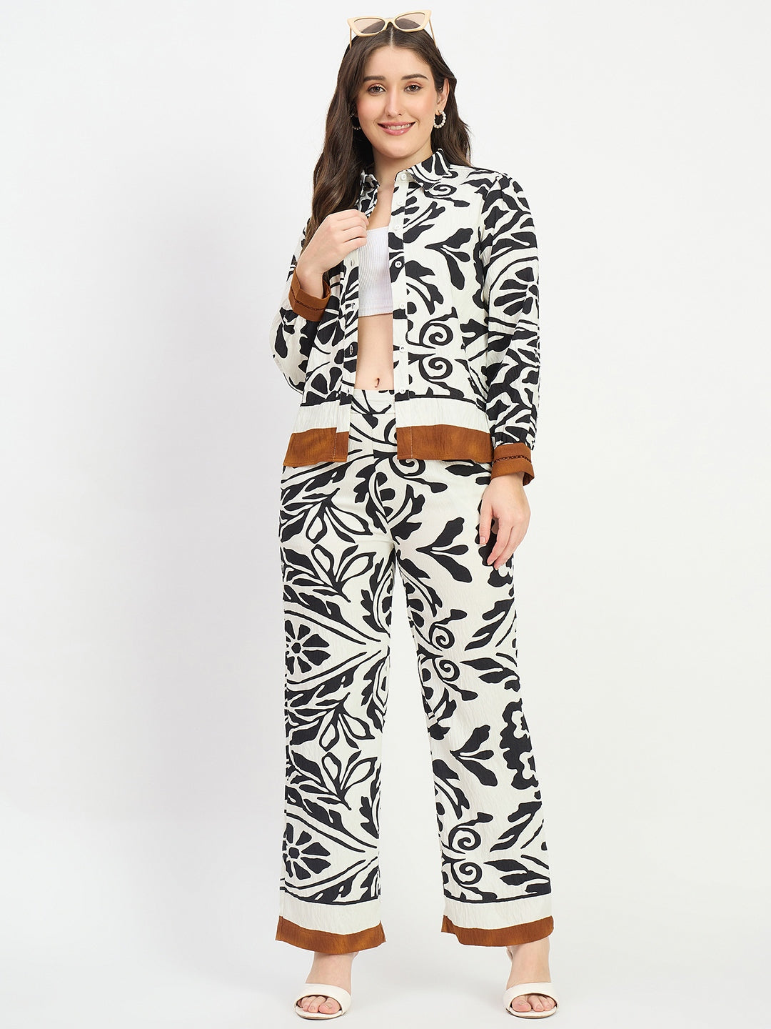 Madame Printed Contrast Detail Black Co-ord Set color swatch