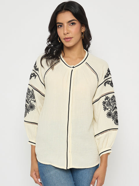 Madame Embroidered Pleat Detailing Off White Cotton Top