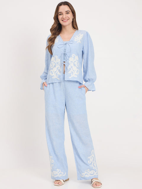 Madame Blue Embroidered Frill Co-ord Set