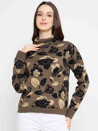 Madame Floral Print Turtleneck Olive Green Sweater