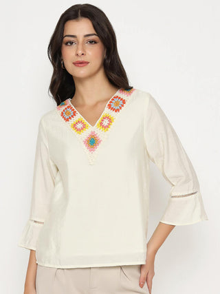 Madame Embroidered Neckline Rayon Blend Beige Top