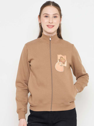 Madame Beige Mock Neck Sweatshirt with Graphic Print Pocket Patch