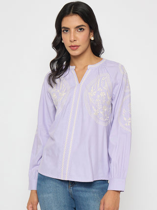 Madame Floral Embroidery Lilac Viscose Blend Top