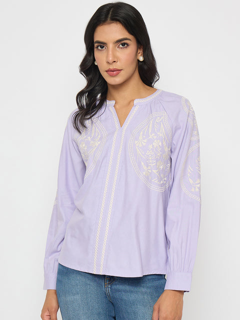 Madame Floral Embroidery Lilac Viscose Blend Top