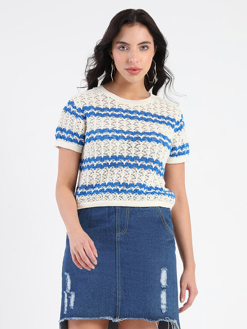 Madame Striped Crocheted Beige Cotton Crop Top